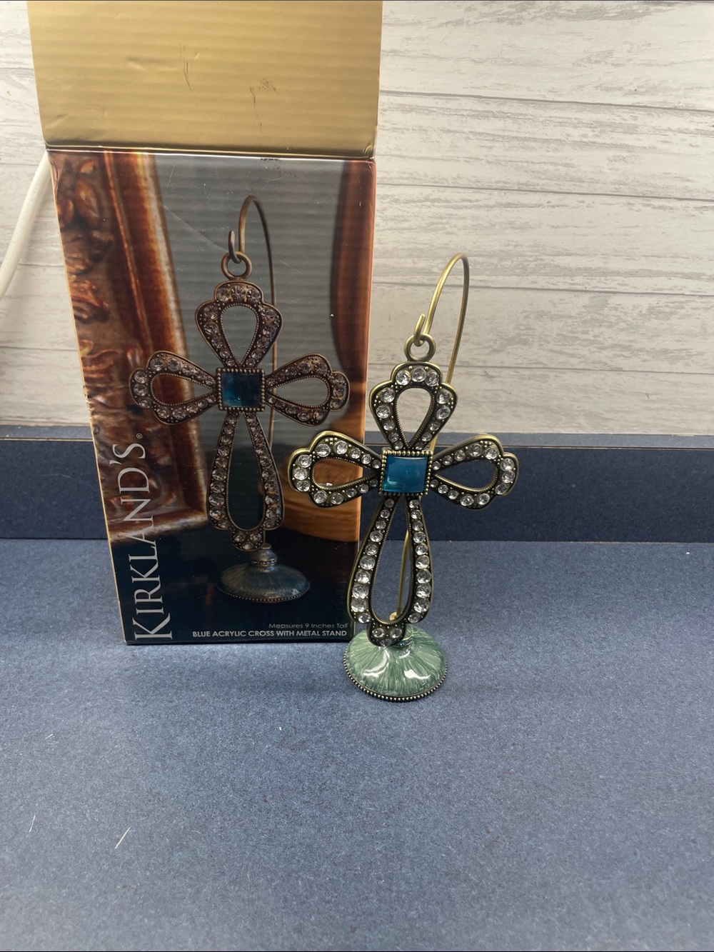 Kirklands Blue Acrylic Cross with Metal Stand - Decorative Home Accent